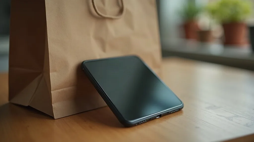 Smartphone à l'écran éteint appuyé contre un sac de courses en papier kraft sur une table en bois, lumière douce