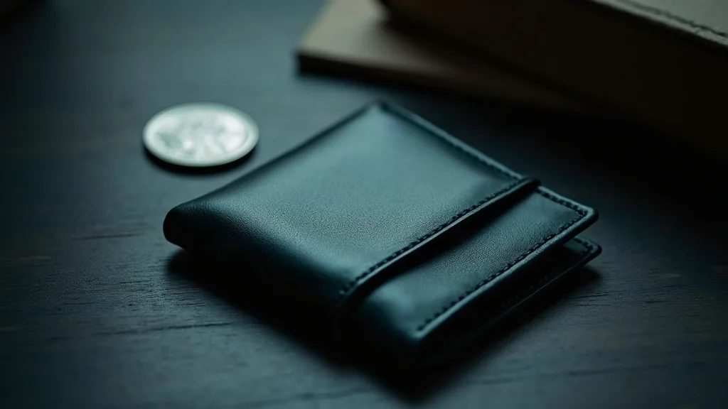 Portefeuille en cuir fermé et pièce de monnaie posés nettement à l'écart l'un de l'autre sur un bureau en bois sombre, lumière latérale douce